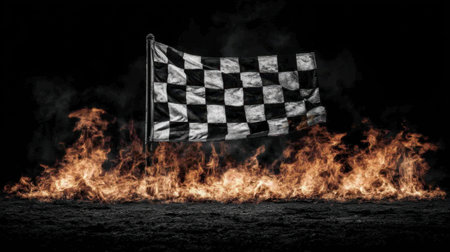 A striking image of a black and white checkered flag flying high above fierce flames, capturing the essence of racing and victory.の素材