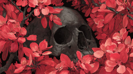 This captivating artwork features a detailed skull encircled by vivid pink flowers, symbolizing the delicate balance between life and death in a striking visual.の素材