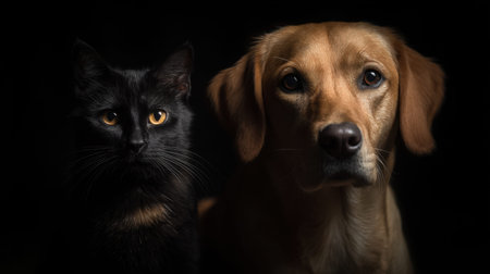 A striking close-up portrait of a black cat and a golden retriever dog, showcasing their unique features and expressions against a dark backdrop.の素材