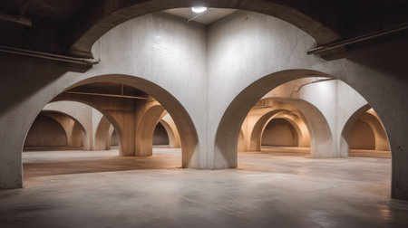 This captivating image showcases an empty underground parking garage with striking arched concrete beams and elegant lighting. The expansive space exudes modern architectural beauty, making it an ideal backdrop for various creative projects.の素材