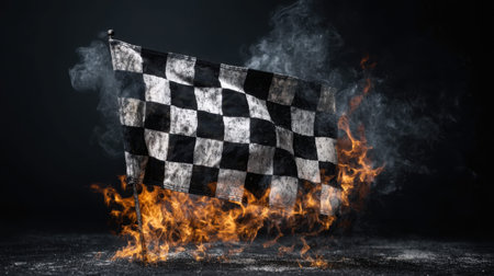 A striking visual of a black and white checkered racing flag engulfed in flames and smoke, perfect for themes of speed, competition, and energy.の素材