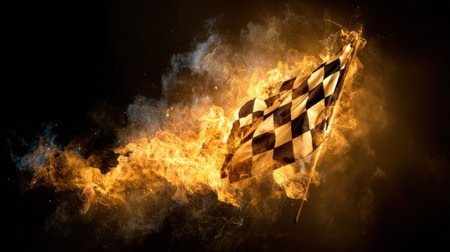 A striking racing flag engulfed in flames and smoke, set against a dark background, capturing the essence of speed and intensity in competition.の素材