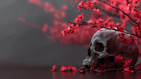 This captivating image features a skull delicately surrounded by vibrant red flowers, creating a striking contrast that evokes deep emotions and artistic intrigue.の素材