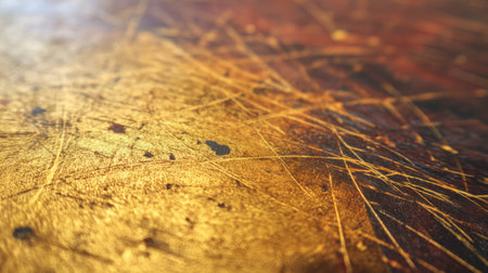 The image captures an abstract close-up of a golden textured surface, highlighting scratches and patterns that create a rich, artistic composition.の素材