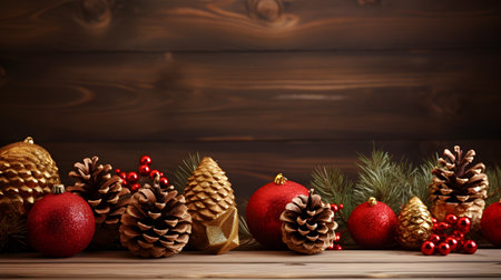 Christmas collage with red and gold ornaments, fir cones on a wooden table. Generative AIの写真素材