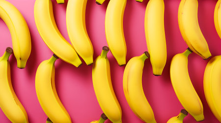 Photo of yellow bananas staggered on a pink background. Generative AIの写真素材