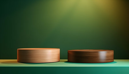 Two round brown cylindrical wooden podiums of different levels in sunlight against a dark green wall. Generative AIの写真素材