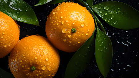 Fresh tangerines with water drops on dark background, top view. Generative AIの写真素材
