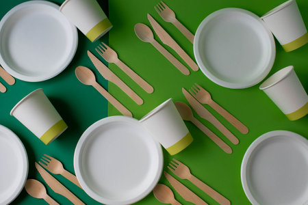 Eco-friendly disposable dishes made of bamboo wood and paper on a green background. Draped spoons, forks, knives, bamboo bowls with paper cups, abstractの写真素材