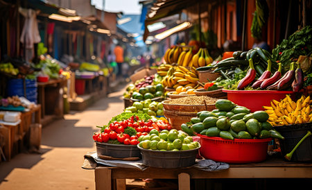 A lively open market with colorful fruits and vegetables. Traveling in Asia and South America. Generative AIの写真素材