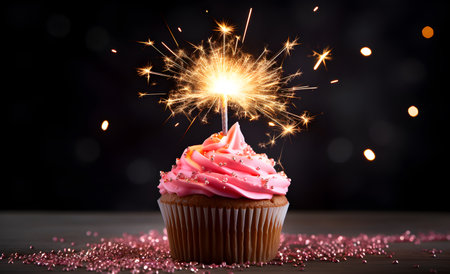 A cupcake decorated with colorful sprinkles and a Bengal fire. Generative AIの素材