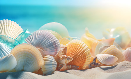 Abstract summer still life with seashells on seawater gradient color, blue, turquoise, green, mint. The concept of summer vacation and relaxation. Generative AIの素材