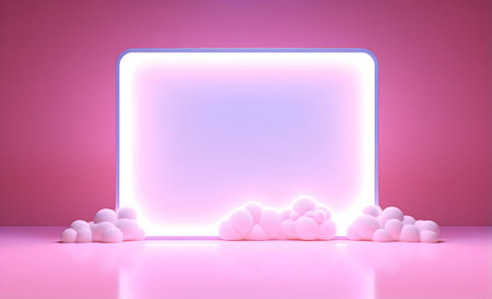 3d rendering, abstract minimalist background of pastel clouds and empty linear square frame glowing with neon light. Generative AIの素材