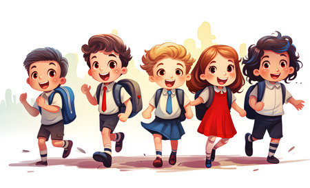 back to school. Happy children ready to enter elementary school. Students on the first day of school. Girls and boys with backpacks. Generative AIの素材