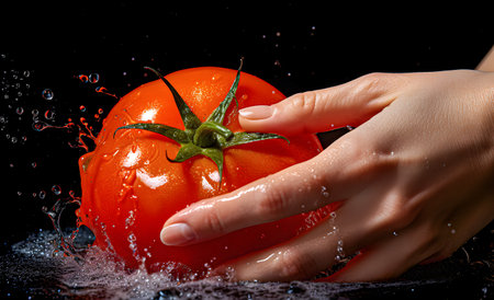 A photograph of women's hands, close-up, washing a tomato under running water in a sink. Generative AIの素材