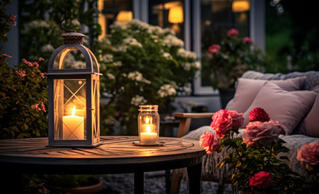 Living corner in the garden outside the house. Summer evening on the patio or terrace of a country house with flowers, candles and a lantern in the garden. Generative AIの素材