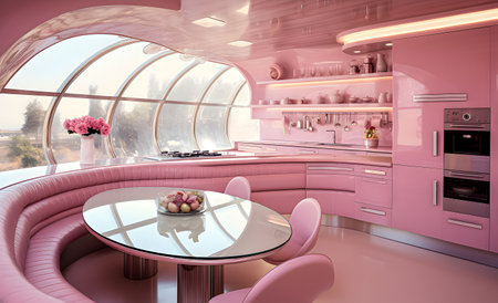 Modern interior of pink kitchen. Generative AIの素材