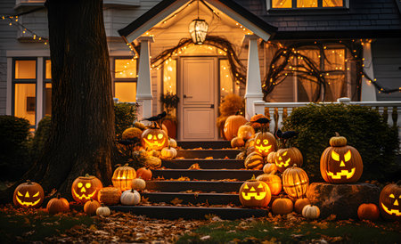 Pumpkins and Halloween decorations outside a house. Night view of a house with Halloween decorations. Generative AIの素材