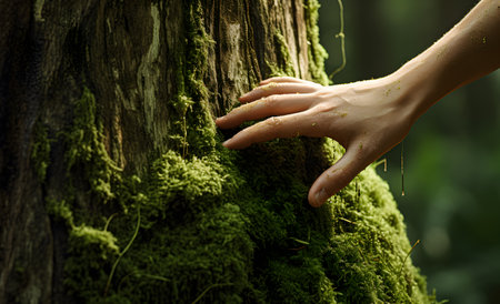 A hand gently touching the moss on the trunk of a large tree reflects a deep connection to nature and environmental responsibility.の素材