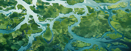 River delta with winding waterways, lush green vegetation.の素材