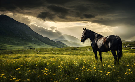 Landscape photograph of a horse grazing in a meadow.の素材