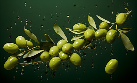 Olives and olive oil on a green backgroundの素材