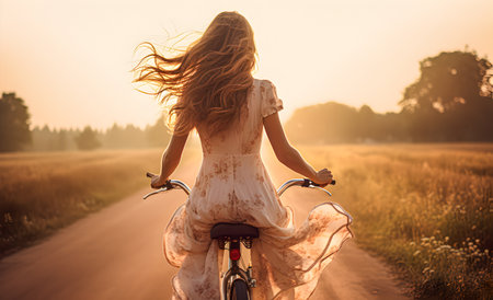 Rear view of a beautiful woman riding a bicycleの素材