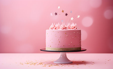 Pink birthday cake on a pink background, revealing the baby's gender.の素材