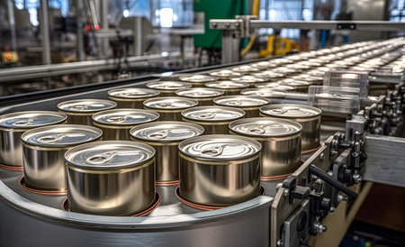 Production of canning jars in large quantities in a factory. Canned goods on the conveyorの素材