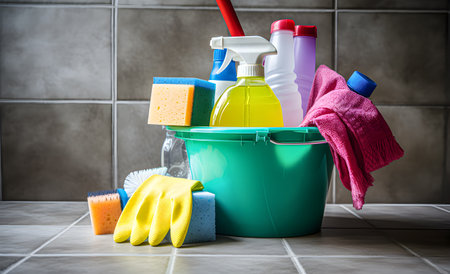 Home cleaning products, banner with copy space.の素材