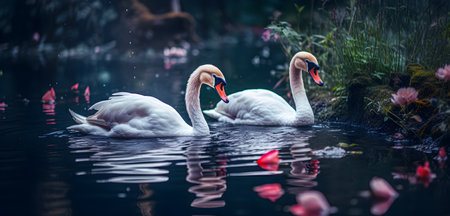 Image of two swans in a pond.の素材