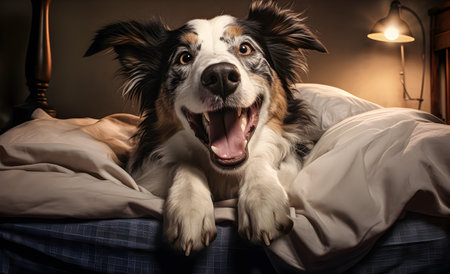 The dog on the bed is smiling, close-upの素材