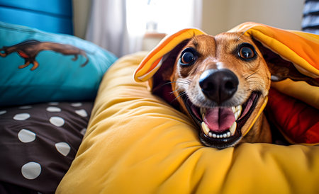 The dog on the bed is smiling, close-upの素材
