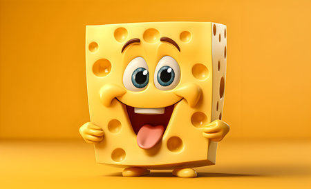A piece of cheese cartoon character on yellow background, 3d illustrationの素材
