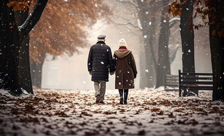Elderly couple on a walk in the park in winterの素材
