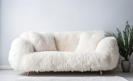 Cozy cute sofa with white fluffy sheepskin and cushions.の素材