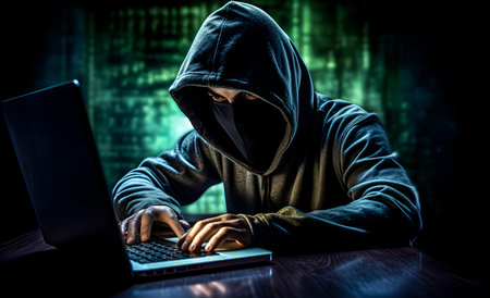 Hacker typing on a computer. Concept of cybercrime, cyberattack, dark webの素材