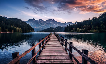 A pier by a lake in the mountainsの素材