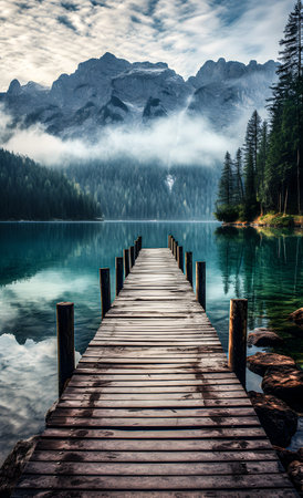 A pier by a lake in the mountainsの素材