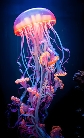 Fluorescent jellyfish in an underwater aquarium with tentaclesの素材