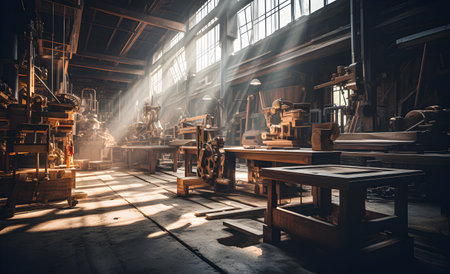 An empty furniture workshop with machinery and beautiful light.の素材