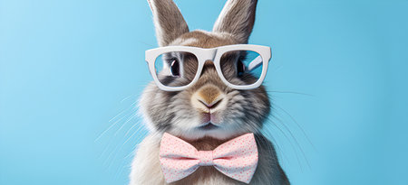 Bunny with pink sunglasses and bow tie isolated on a blue backgroundの素材