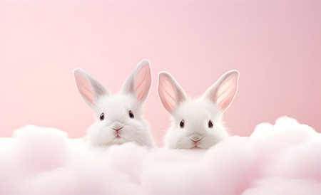 Two rabbits, on a pink background.の素材