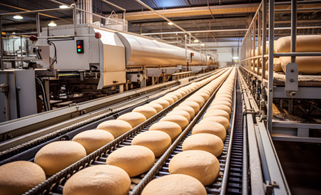 Bread on an automated conveyor system.の素材