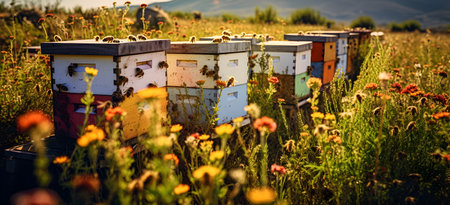 A beehive with bees in an apiary and flowers in a meadow.の素材