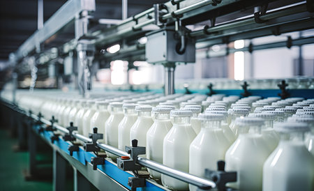 Bottling of milk or yogurt into glass bottles in a factory. Equipment at the dairy plantの素材