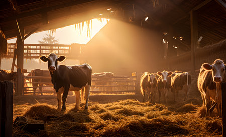 Cows, several animals, barn lit by the morning sun, lots of clean hay, farmingの素材