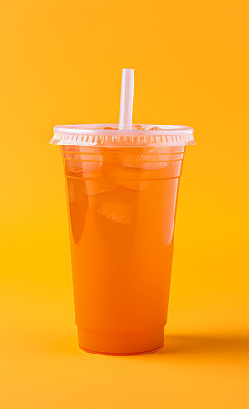 Orange colored drink in a plastic cup on an orange background.の素材