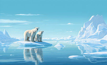 Two polar bears, on a small ice floe.の素材