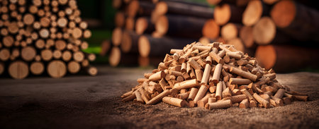 A stack of biomass wood pellets and a wood pile in the backgroundの素材